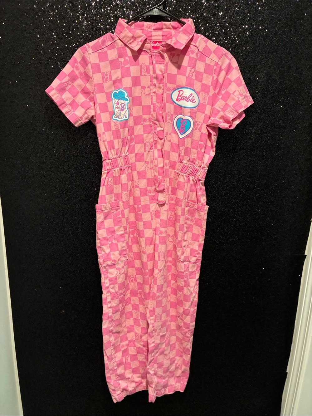 Barbie Pink Checkerboard Short-Sleeve Jumpsuit with Patches